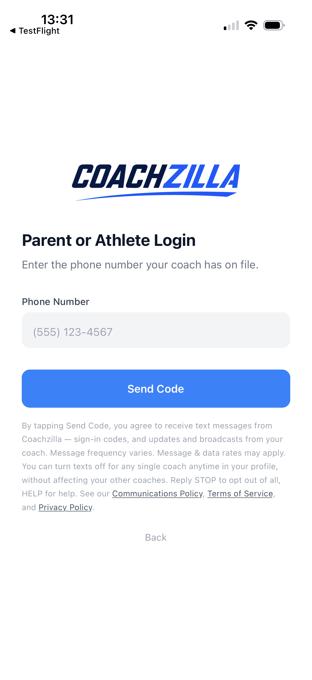 The Coachzilla iOS sign-in screen, titled Parent or Athlete Login, showing a Phone Number field, a Send Code button, and the consent language quoted above displayed directly beneath that button.